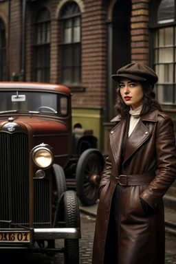 young woman with straight shoulder-length hair, dressed in brown leather trousers and waistcoat, leather gloves and a leather cap in an old industrial courtyard, next to a steampunk steam car