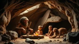 Neanderthal family living in a luxurious cave, stone age technology, happy children, animal skin clothing, colour photograph