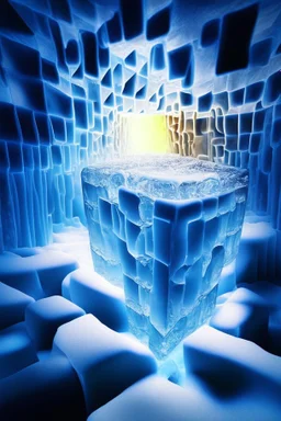 brilliant ice cube, depth of field, backlit, in bright lit ice wall labyrinth