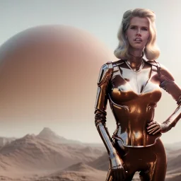 Ultra Realistic retro sci-fi movie scene, waist up view portrait, 5 clones blonde women, sweet young Claudia Schiffer face, perfect iris, glow eyes, makeup, with weapon. Mars background, Retro sci-fi style, helmet, tight latex coat, fog, rain, soft color, highly detailed, unreal engine 5, ray tracing, RTX, lumen lighting, ultra detail, volumetric lighting, 3d, finely drawn, high definition, high resolution.