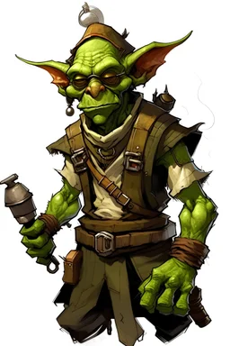 picture of a goblin artificer from dnd with long ears and explosives, he wears welding glasses on his forehead digital art
