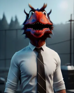 Realistic image, hybrid character, original Elmo muppet head, man body, human arms and hands, Shirt and tie, concept art, smooth, unreal engine 5, god lights, ray tracing, RTX, lumen lighting, ultra detail, volumetric lighting, 3d, finely drawn, high definition, 4k.