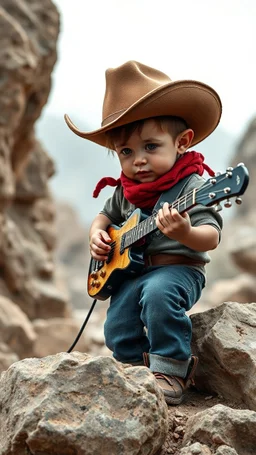An urchin wearing a cowboy hat playing a rock quit at