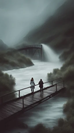 By Sergiо. Style by Greg Rudkowski. Thick white milky dense fog on a deserted beach with lonely bushes.flooded raged water . 2 women and a child In the stormy wether in the water a bridge is falling in the river Bruegel painting style