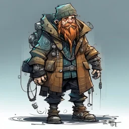 street cyperpunk dwarf with cybernetic legs, dressed with a coat and beanie