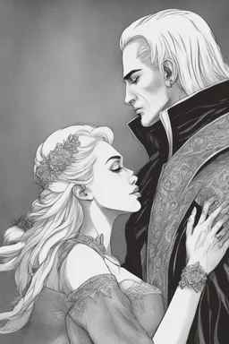 Strahd Von Zarovich being kissed by a beautiful woman with white hair. Settling and background are a lavish toomb with an ebony coffin.