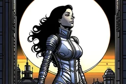 A slim Woman With Black shoulder length hair, Wearing a silver and black space suit, with no helmet, standing sot the right, sideways on a ledge of a building, with a moon Behind Her Head, towering spires and buildings highlighted by the setting sun