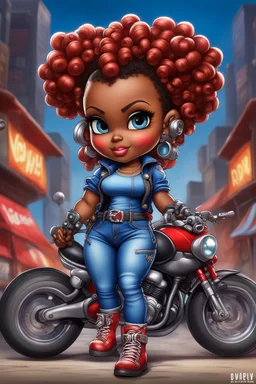 airbrush illustration of the chibi cartoon character, a voluptuous black female in a blue jean outfit with biker boots. Her prominent makeup and hazel eyes, along with her detailed red bantu knots, are featured in this image, set against the background of a lively bike show.