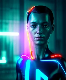 Ultra realistic photographic night portrait, cinematic, <pretty woman> <hanging wires> <retro monitor> many wires coming out of the head <perfect pupil> <cyborg arm> <garage> <wide angle Shot> <sci-fi futuristic> <thriller>, neon lights, color fog, soft color, highly detailed, unreal engine 5, ray tracing, RTX, lumen lighting, ultra detail, volumetric lighting, high definition.