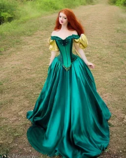 Magic princess with long auburn hair green eyes wearing a big teal green and gold satin ballgown corset off shoulder top casting magic