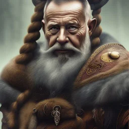 Viking theme, a younger woman sitting next to a 50-year-old man, portrait, 8K, close-up face, anatomically perfect face, Highly detailed stunning full frame portrait, misty and cloudy atmosphere