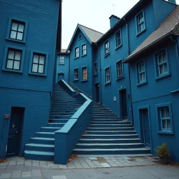 Fotografia di strada assurda e falsa orripilante blu weirdcore dai colori vivaci, liminalcore. Escher. Scale che scendono. Yves Tanguy. Non luogo falso, inusuale. Le case sono false e dipinte di nero chiaro con cose stilizzate e dettagli. Ci sono finestrelle false quadrate, che danno un senso distopico e molto surreale, disposte in modo casuale. L'atmosfera generale sembra noiosa e onirica, con un contrasto tra elementi reali ed elementi dipinti falsi, René Magritte, oddest things