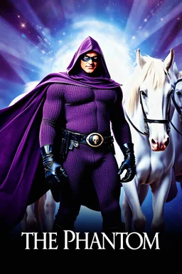 Movie Poster - ((("THE PHANTOM"))), extremely thick, muscular, 6'6'' 18-year-old Billy Zane with extremely exaggerated muscles as the Phantom, long-sleeved, textured, padded purple cotton bodysuit with skintight, formfitting textured purple cotton cowl with ((black eye mask)) and widow peak, black gloves and wrist gauntlets, black boots, double holstered utility belt, skull-shaped belt buckle, glowing, white eyes, standing next to his white horses, captured in a breath-taking explosion of color,