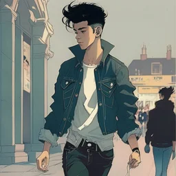 Teen man, black hair, perfect face, style of tomer hanuka, jeans, pompadour.
