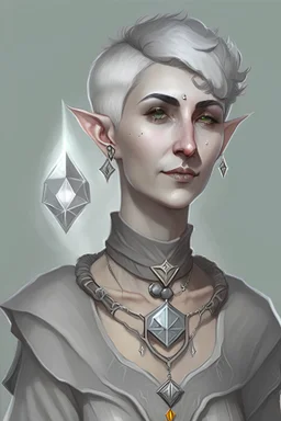 dnd character, tolkien, short haired elf priestess, wearing grey robes, with moon shaped necklace