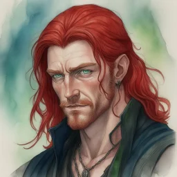 dnd, fantasy, watercolour, large strokes, stylistic, portrait, illustration, dull colours, male, face, narrow long face, weathered face, green eyes, determined, smiling, red hair, very long hair streaming down the shoulders, radiating light, five o'clock shadow