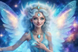 A beauty Fairy women with long lightblue hairy and Crystal wings . She has a beautiful eyes and a sweety elegant Smile. She Is a magic sacred dancer in cosmic ceremony..the background Is a magic coloured bright galaxy, with stars. We can see her total figure dancing