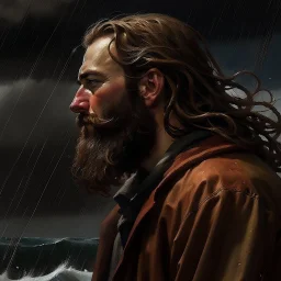 The lanky brown long haired bearded deckhand "Simon Lionguard" looking out at a stormy sea realistic grimdark