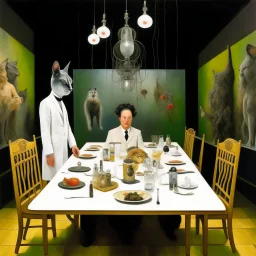 UN conference.a cat and human flesh-like surgical instruments and universe-like a pigeon and neuralink, surrealism,minimalism,Painting By Adrian Ghenie, Rene Magritte, Salvador Dali, Lucian Freud