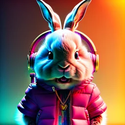 pixar style anamorphic cute rabbit baby, smiling, cyberpunk headphone, sunglass, gangsta gold neckless, full body, magenta puffer jacket, manila city backdrop, dramatic lighting, hyper realistic, unreal engine 5, 16k