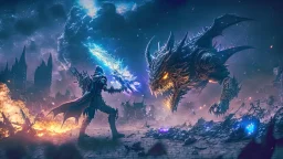 post apocalyptic space sorcerer fight againts a black dragon, destroyed city, night starry sky, epic cinematic fight scene, 8k resolution, photorealistic, ultra detailed, macro photography