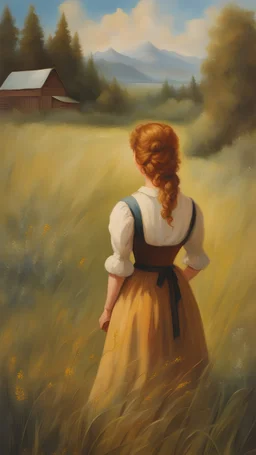 Painting of Anne Shirley standing from behind in a field, wild flowers, oil painting, beautiful painting, dream, farm, Anne Shirley standing from behind, inspired oil painting by Bob Ross