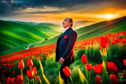 صحنه ای شاعرانه و نوستالژیک از رشید بهبودوف، خواننده افسانه ای آذربایجان، که با حالتی عاشقانه و ایستاده در حال اجرای ترانه محلی "لاله لر" است. او در دامنه کوهی سرسبز و پر از گل های وحشی و فرشی از لاله های سرخ رنگ ایستاده است. یک رودخانه زلال در نزدیکی او جریان دارد. نور طلایی غروب خورشید صحنه را گرم کرده است. سبک عکاسی رئال، کیفیت فوق العاده بالا، جزئیات دقیق در چهره و طبیعت.