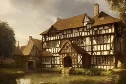 portrait of a tudor manor house on a street, fishpond architecture, highly detailed, blue sky, cinematic lighting, digital art painting by greg rutkowski