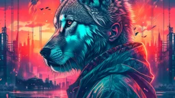 double exposure, Wolf Man, man, city, sunset, gouache, snow, rain, fantasy, mystical, tattoo, vertical pupils, high detail, high resolution, 8K