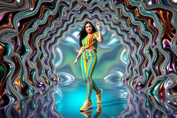 beautiful lady with todays modern clothing and sport shoes, in surreal stage made of 3d fractal random size recursive objects with helical strip colors in clothing similar to environment full body dancing to camera,animating background metallic random color and size recursive objects