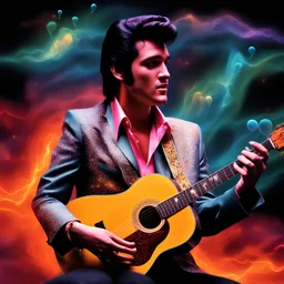 3D hearts and Stars and Bubbles, heart-shaped, electrifying, close-up, Head and shoulders portrait of Elvis Presley play his guitar, double exposure shadow of the ghost, Invisible, poignant, extremely colorful, Dimensional rifts, multicolored lightning, outer space, planets, stars, galaxies, fire, explosions, smoke, volcanic lava, Bubbles, craggy mountain peaks the flash in the background, 32k UHD, 1080p, 1200ppi, 2000dpi, digital photograph, heterosexual love, speedforce
