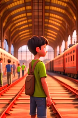 A young boy stands at a bustling railway station, surrounded by travelers and the sound of trains arriving and departing,pixar,8k