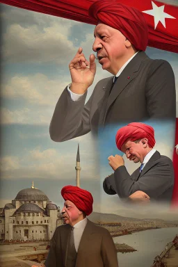Create a panoramic 3D panel style digital Painting Turkish President Rajab Tayyip Erdogan in 1917 Reflected The character of the milkseller is embodied runabout He wears a turban and a poor costume, Ultra-wide angle Highly realistic precise details Detailed panoramic view Detailed distance Professional Quality 8K