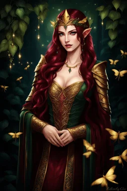 Elven ears,Burgundy hair, dark hair,dark red , rapunzel hair,very long hair,dark fairy princess,elven crown,night,dragonflies,beautiful,ong ashes,golden armor ,sparkle,night blooming,ivy,dark green,lilly of valley,golden elven crown,elven warrior,dark gold armor,extremely long hair