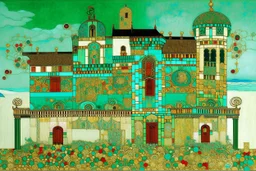 A mint colored fortress in a tempest designed in German folk art painted by Gustav Klimt