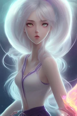 A beautiful anime girl with soft purple and white hair locks blowing in the wind and a Background world of fire and ice