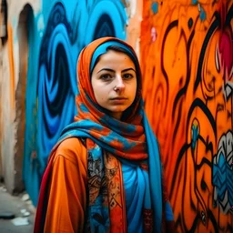 Beautiful young Palestinian lady on a colorful old wall, Street art