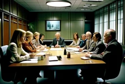 Reunión de personas en una mesa de reuniones en una oficina. Fotografía en color. Con cámara Leica 35 mm