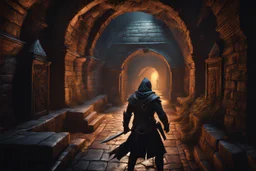 an unarmed thief sneaking through a underground dungeon corridor. fantasy concept art, exquisite realism, a masterpiece, dynamic lighting, hyper detailed, intricately detailed, deep color, Unreal Engine, volumetric lighting , Epic cinematic brilliant stunning intricate meticulously detailed dramatic atmospheric maximal,