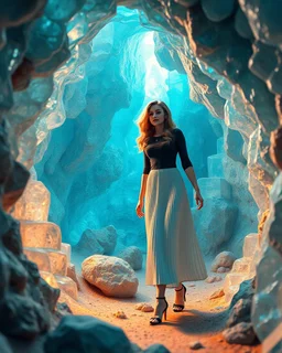make a picture pretty cave made of crystal diamond 3d fractal recursive cubic and sphere base structures and a beautiful fashion model lady with cute,with dark cyan decholte top and pretty pleated midi skirt,siver,curvy long hair she walks in cave ,dynamic camera zoom to full body and fallow her inside cave dynamic lights.