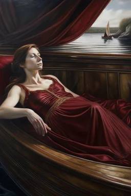 Oil painting A woman lies in a boat and next to her the king reclines and looks at her wearing a dark red dress exposed from above in the ancient era Photorealistic