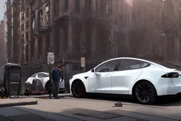 A Tesla 'Model Y' is parked, near the 'Pier 11' in Manhattan. (CINEMATIC, WIDE ANGLE LENS, PHOTO REAL)