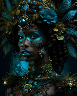 Beautiful young vantablack woman portrait adorned with cyanus segetum botanikai headress metallic filigree masque ribbed with green ad blue quartz wearing carnival style rennasance voidcore shamanism costume armour floral cyanus segetum embossed Golden filigree organic bio spinal ribbed detail of full floral bloomed background extremely dealed hyperrealistic maximálist concept portrait art