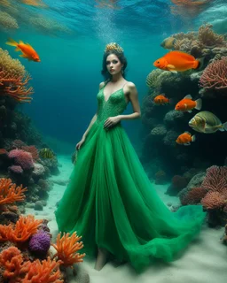 Gorgeous Photography Super model Beautiful Queen Luxury Dress Queen Color Green,She Walk in An underwater scene teeming with colorful coral, full many clownfish, and gentle sea turtle