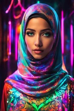 Photo Beautiful woman with hijab dress art neons glowing bright light in the dark and colorful details, light explore background.