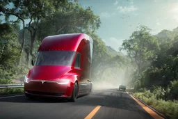 A Tesla semi-truck is racing at top speed, on the 'Jurassic Park' island. CINEMATIC. WIDE ANGLE LENS. PHOTO REAL.