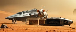 7️⃣ Planet Arrival "Two futuristic spaceships on a dusty alien plain. Giant mummy rat scampers behind crates, eyes intelligent and cautious, bandages fluttering in wind. Crew exits, interacting with alien fauna. Stasis rat pod visible in transport module nearby. Dramatic lighting, realistic textures, mood cautious curiosity."