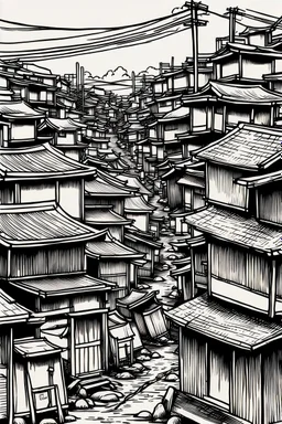 Japanese shanty town, greyscale, thin line arts, manga style