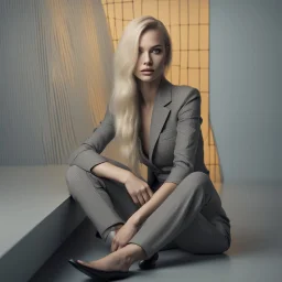 portrait photo of an 20 years old european blonde haired woman sitting in office, style \(artistic makeup with geometric lines\) , 8k, uhd, realistic, detailed skin, insane detailed, Illumination daylight,