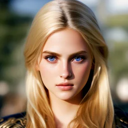 Prhotorealistic close-up of a beautiful blonde warrior with